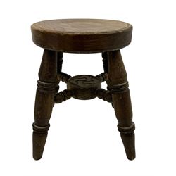 Victorian mother-of-pearl inlaid side chair; pair of miniature oak square stools; round stool; display stand with zigzag support column and brass dish; and a carved inlaid hardwood table top (6)