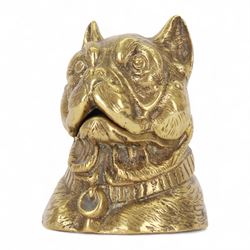 19th century gilt brass novelty inkwell, modelled as a Bulldog, with hinged jaw opening to reveal a ceramic glass liner, and lead weighted base, H9.5cm