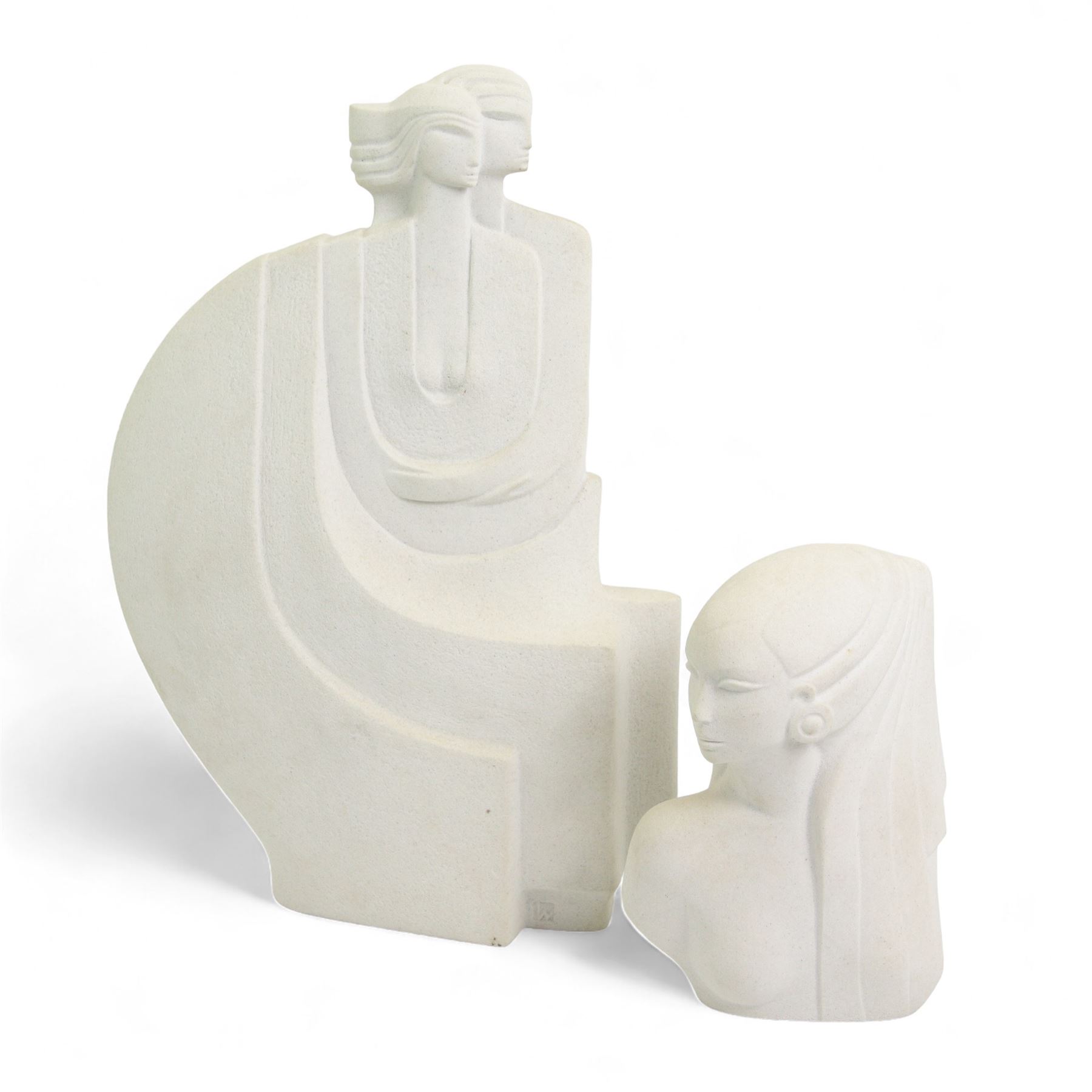 Marbell Stone Art Belgium, Art Deco-inspired bust of a female figure and another figural group, H39.5cm max (2)