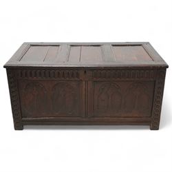 18th century oak blanket box, moulded triple panel hinged lid over arcade frieze, panelled...