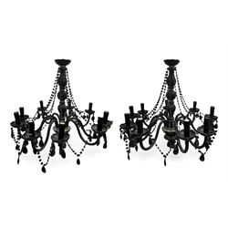 Two classical black glass fourteen branch chandeliers