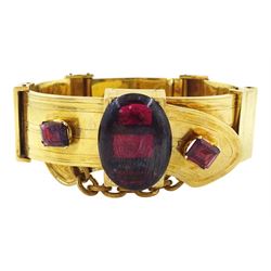 French 19th / early 20th century 18ct gold garnet belt expanding bangle, the belt with oct...