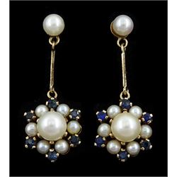 Pair of 9ct gold pearl and sapphire cluster, pendant stud earrings