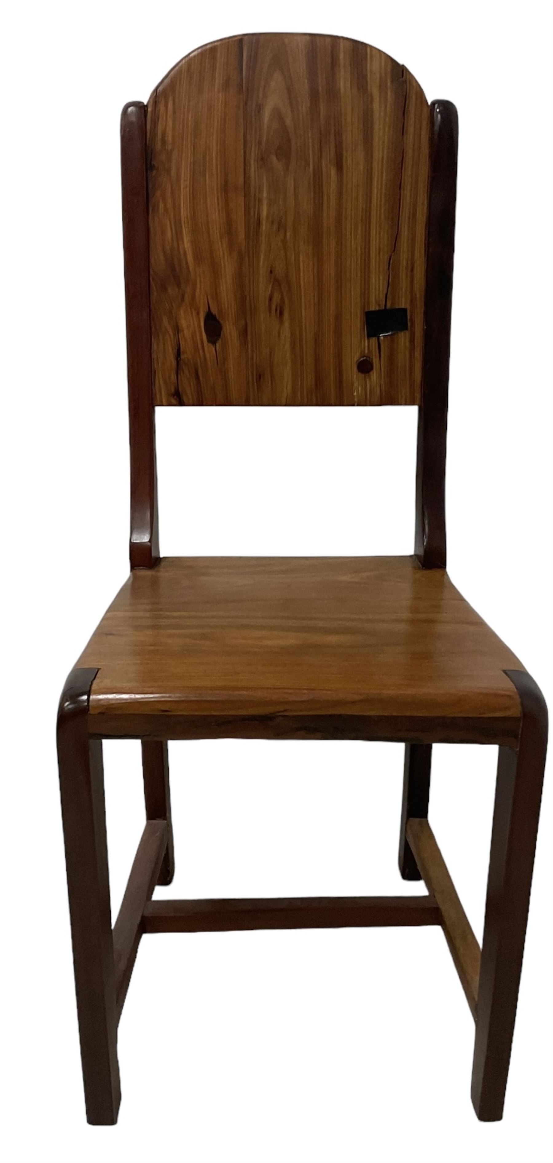 Mid-to-late 20th century teak dining table, rectangular top with canted corners, on square tapering supports with spade feet (214cm x 119cm, H76cm); and a set of eight Burmese reclaimed teak dining chairs, high arched back over panelled seat