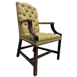 Georgian design mahogany framed Gainsborough open armchair, upholstered in pale gold buttoned fabric with floral pattern, on square moulded supports united by plain stretchers 