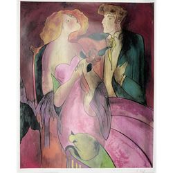 Linda Le Kinff (French 1949-): 'Robe du Soir' and The Orchestra, two lithographs max 69cm x 86cm; Anatole Krasnyansky (Ukrainian 1930-): 'Musical Sphere', Nicole Suzanne Stahl (Continental Contemporary): 'Gentle Voyagers'; Neil J Farkas (American 20th Century): 'Mona Lisa', three lithographs max 69cm x 72cm; Slava Brodinsky (Russian 1955-): Fields of Colour, pair limited edition serigraphs signed and numbered 238/495 and 18/55 max 58cm x 33cm (7) (unframed)