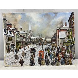 Peter Lapish (British 1937-): 'Market Place Pickering circa 1930s', acrylic on paper signed, titled verso 27cm x 37cm