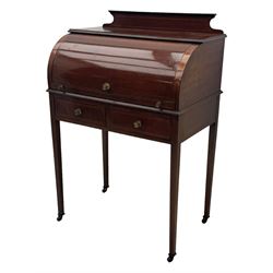 Edwardian inlaid mahogany roll-top desk, cylindrical lid enclosing fitted interior with pigeonholes, drawers and retractable writing surface, over two drawers with brass pull handles, on tapered supports with brass and ceramic castors