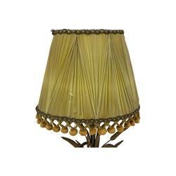 Italian mid century wheatsheaf design gilt and lacquer table lamp, on circular base with shade, H74cm overall, a three branch table lamp modelled as a candelabra, and one other table lamp (3)