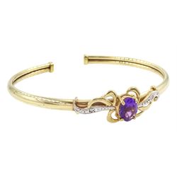 9ct gold amethyst and diamond chip torque bangle, hallmarked