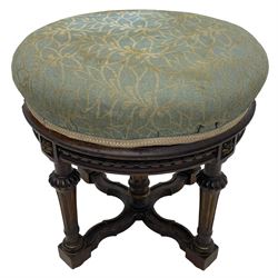 Holland & Sons (London: 1843-1942) - mid-to-late 19th century French design stool, circular form with upholstered cushioned seat in foliate pattern fabric, on lobe carved turned and fluted supports united by shaped X-framed lower stretchers 