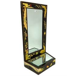 Chinoiserie design wall hanging mirror with shelf, the rectangular frame with raised decoration depicting birds and landscapes, fitted with bevelled glass 