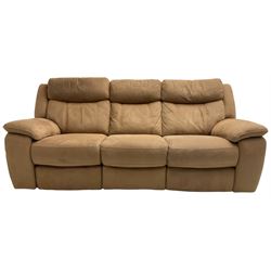 Electric reclining three-seat sofa (W213cm, H100cm) and matching armchair (W109cm) upholstered in brown fabric