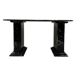 Marble hall table with orthoceras and goniatite inclusions, the rectangular top upon two rectangular stepped plinths, H78cm, L135cm, D77cm