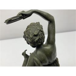 After Ernest Rancoulet, bronzed figure modelled as a man playing the tambourine, upon a stepped circular base, H37cm 