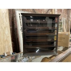 Early 20th stained pine and glazed wall mounting cigarette shop display cabinet, fitted with six sliding drawers with divisions and scalloped handles  - THIS LOT IS TO BE COLLECTED BY APPOINTMENT FROM THE OLD BUFFER DEPOT, MELBOURNE PLACE, SOWERBY, THIRSK, YO7 1QY