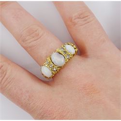 18ct gold three stone opal and six stone diamond ring, London 1966