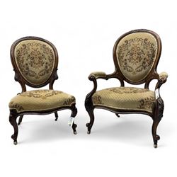 Pair of Victorian walnut lady's and gentleman's drawing room chairs, arched cresting rail ...