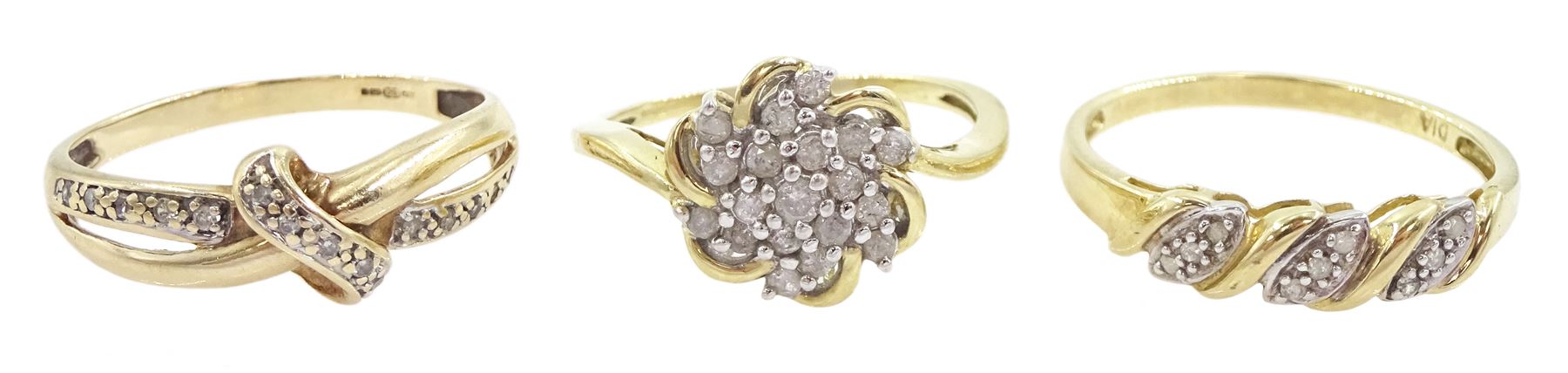 Three 9ct gold diamond rings including crossover and flower head cluster, all hallmarked