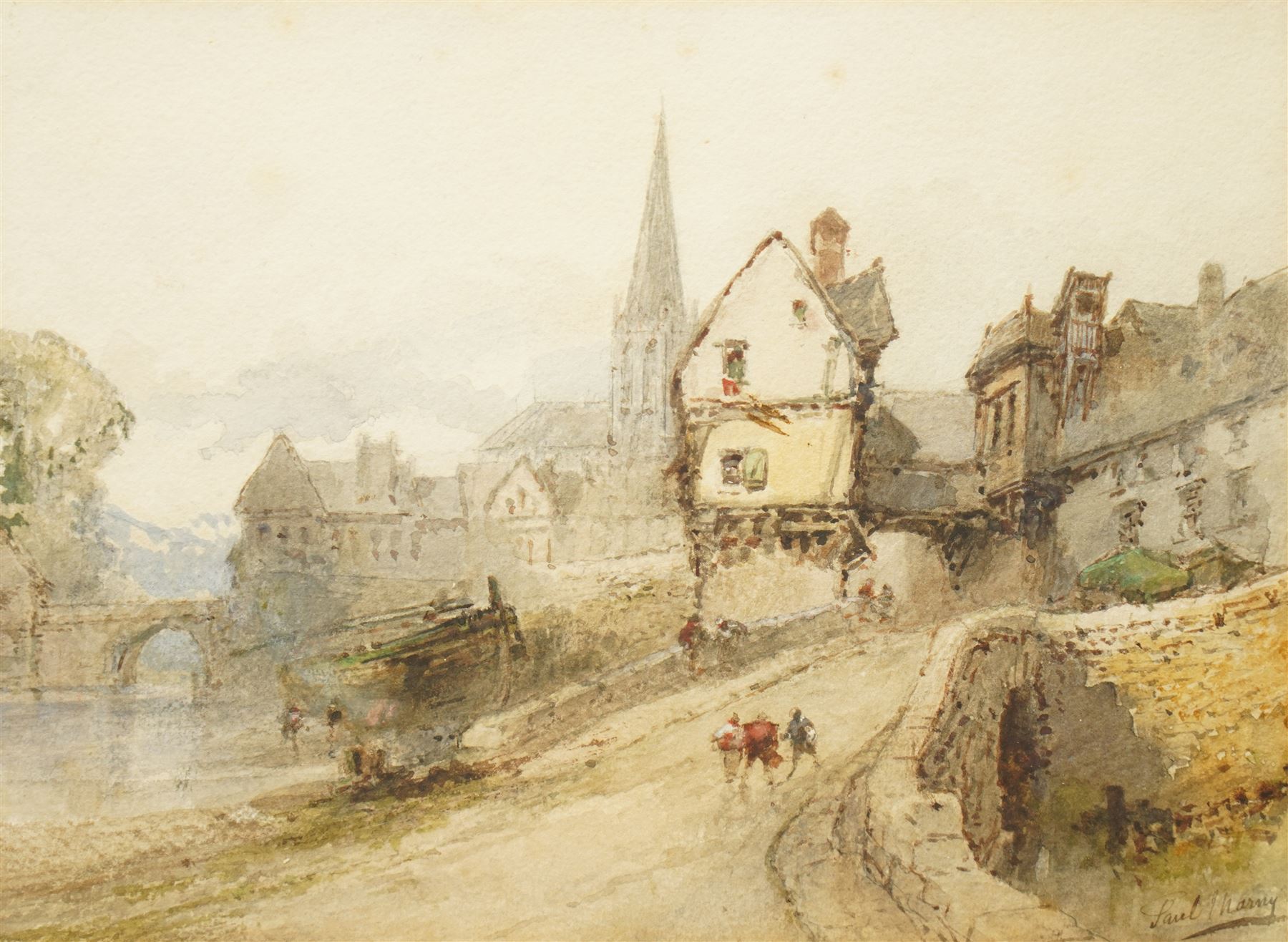 Paul Marny (French/British 1829-1914): Riverside Town in France, pair watercolours signed 21cm x 28cm (2)