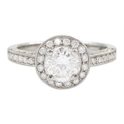 Platinum single stone round brilliant cut diamond ring, with pave set diamond surround, gallery and shoulders, principal diamond approx 0.90 carat, with platinum diamond set band, both hallmarked