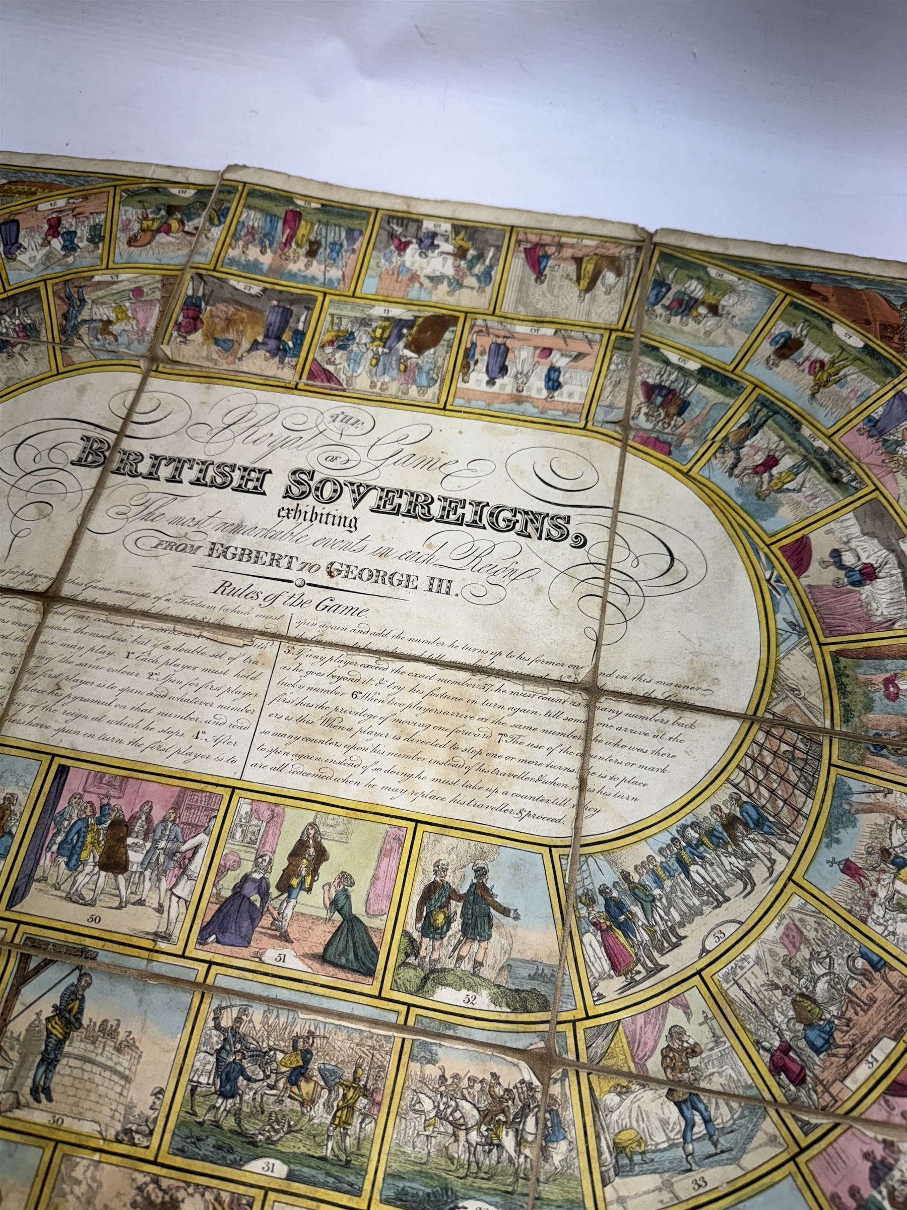 The Royal Game of British Sovereigns, Wallis (J. & E.) showing events in each reign from Egbert to George III, spiral track with 53 illustrations, the central oval filled with title and rules of the game, engraving with hand-colouring, H47cm., L62cm