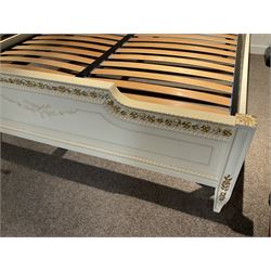 Barnini Oseo - super king 6' 'Reggenza' bedstead, the headboard with a pierced cartouche pediment with extending scrolling foliage, decorated with trailing gilt flower heads, upholstered in buttoned lilac velvet, raised on cabriole feet, in a cream finish