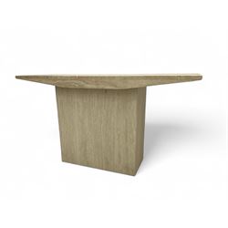 Travertine two-piece side console table, rectangular top on block pedestal 