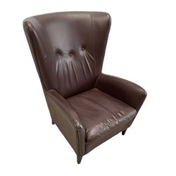 Wing back armchair upholstered in cocoa brown leather