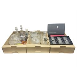 Set of six Royal Scot whisky tumblers, together with cased set of Thomas Wedd glasses, decanters and other glassware, in three boxes 