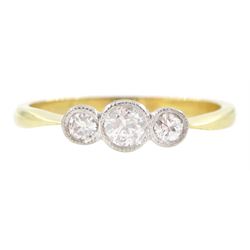 18ct gold milgrain set, three stone old cut diamond ring, total diamond weight approx 0.20 carat