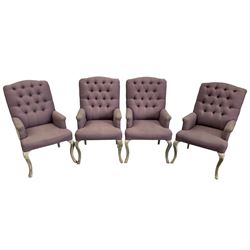 Voyage - four high back armchairs upholstered in buttoned lilac and tweed fabric, painted cabriole legs