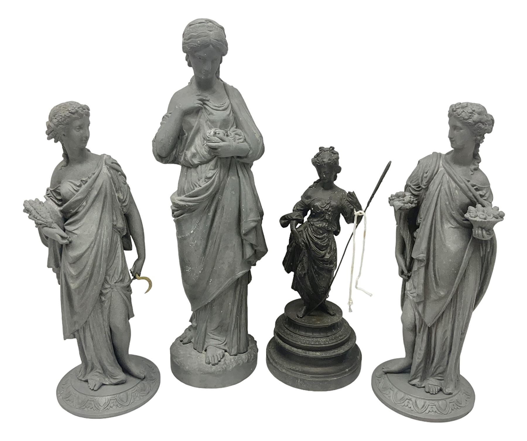 Four spelter figures of women in neoclassical dress, largest H47cm