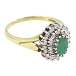 9ct gold oval cut emerald and two row, round brilliant cut diamond cluster ring, hallmarked