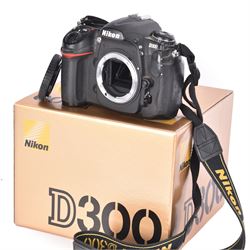 Nikon D300 camera body serial no. 4105777, boxed with shoulder strap, instructions, charger, etc