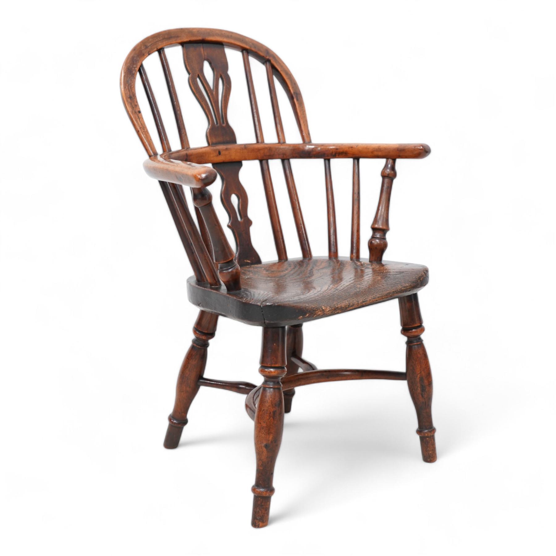 19th century yew wood and elm Child's Windsor armchair, double hoop and stick back with pierced splat, dished seat on turned supports united by crinoline stretcher, impressed maker's mark beneath 'V' 