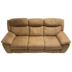 Electric reclining three-seat sofa (W213cm, H100cm) and matching armchair (W109cm) upholstered in brown fabric