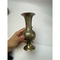 Pair of brass vases, together with brass charger and other metalware 