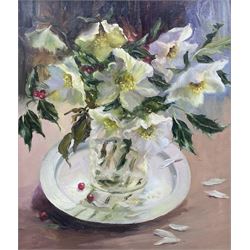 Iris Collett (British 1938-): Still Life of Christmas Roses, oil on board signed 40cm x 34...