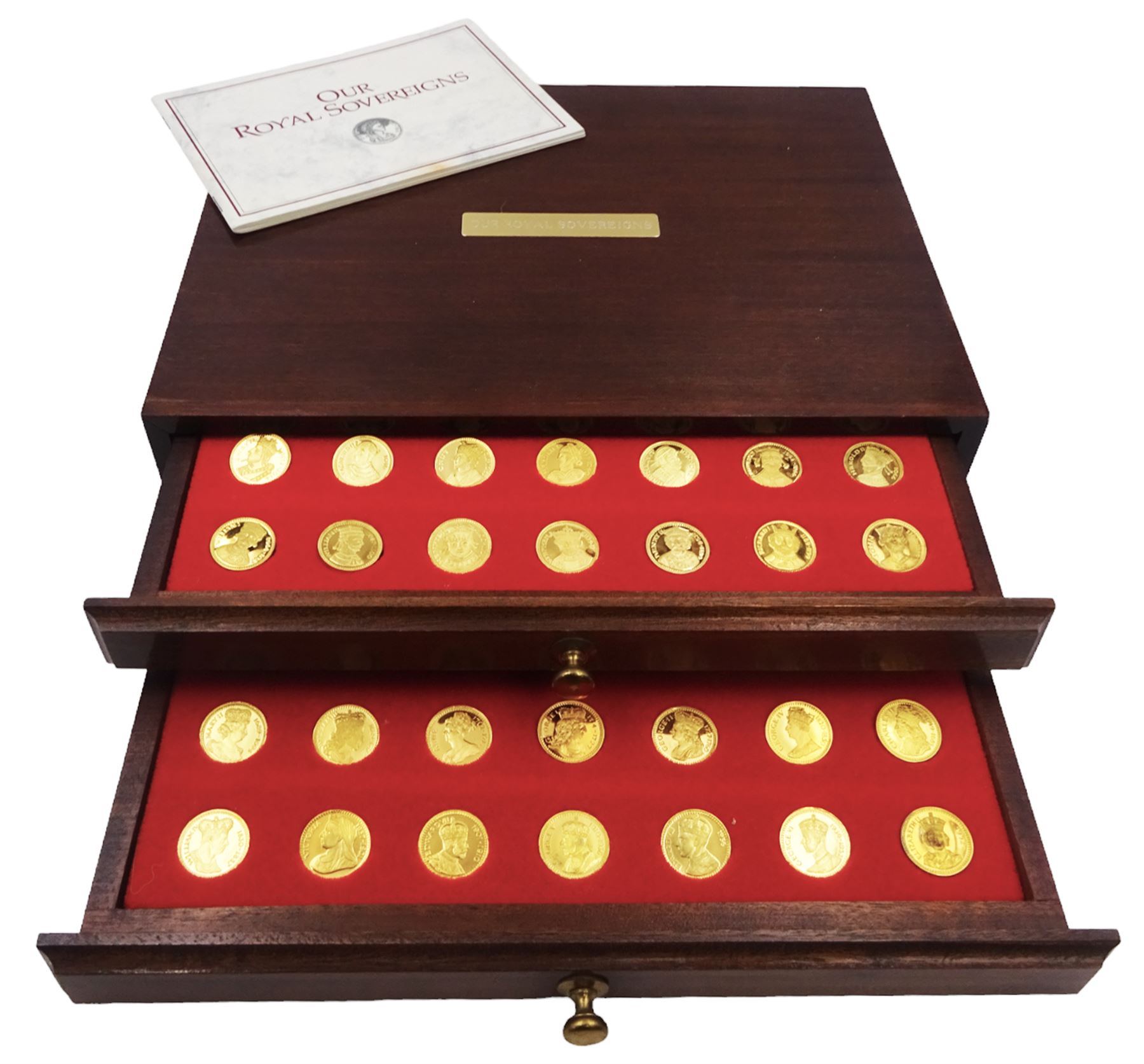 Danbury Mint, Our Royal Sovereigns Collection, seventy 22 carat gold plated silver medallions depicting the complete line of British monarchs to mark the 1200th anniversary of the first coronation, contained within wooden table top collectors cabinet with two drawers, with certificate of authenticity, with two drawers, hallmarked Danbury Mint, London various dates