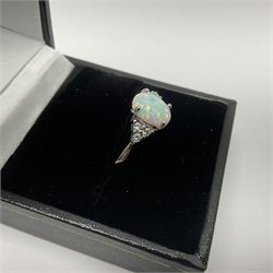 Silver opal and cubic zirconia cluster ring, stamped 925, boxed 