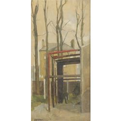 Maderson (British Mid-20th Century): Clearing the Yard, oil on board signed 44cm x 21cm 