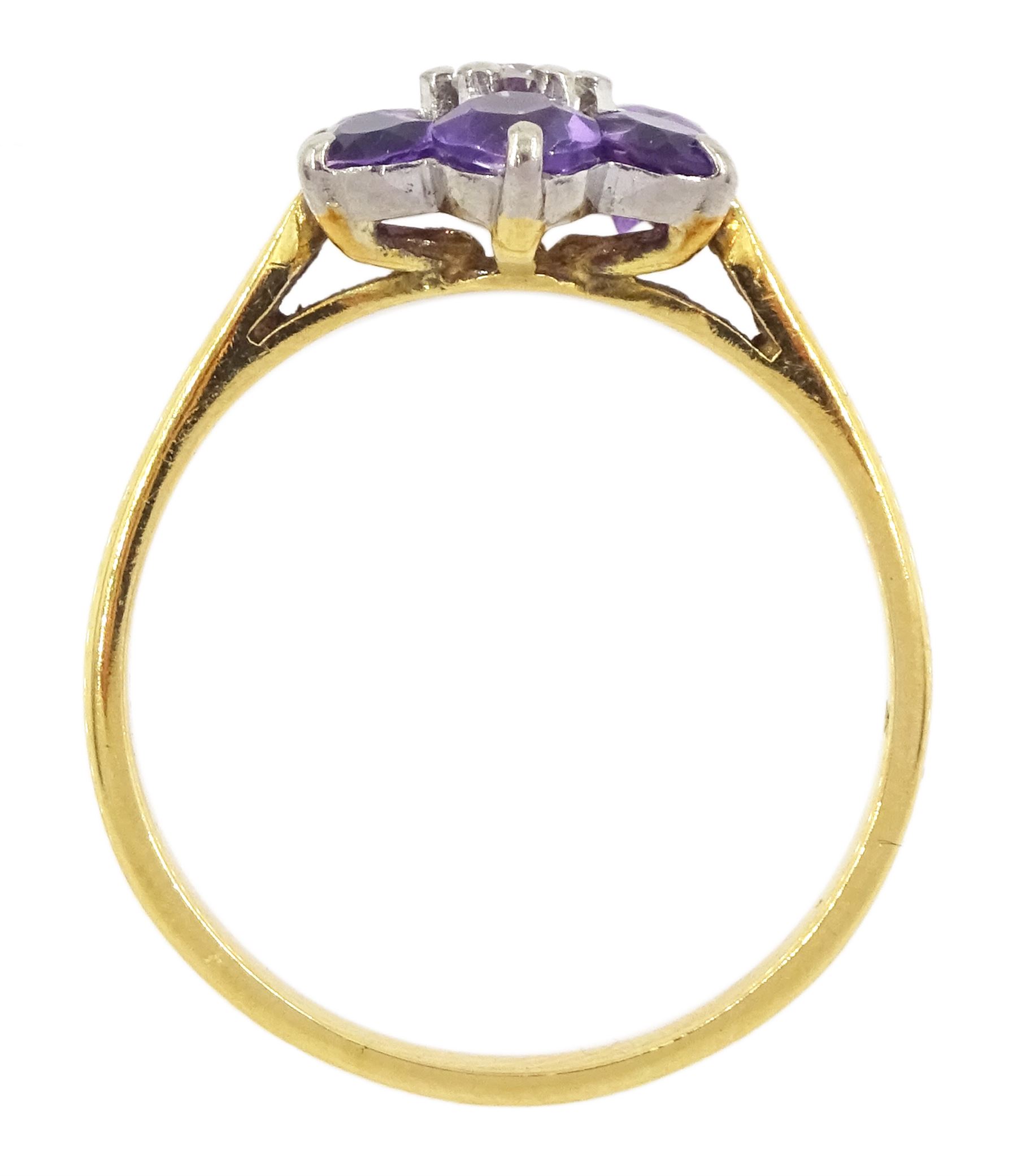 Gold round cut amethyst and round brilliant cut diamond flower head cluster ring, stamped 18ct