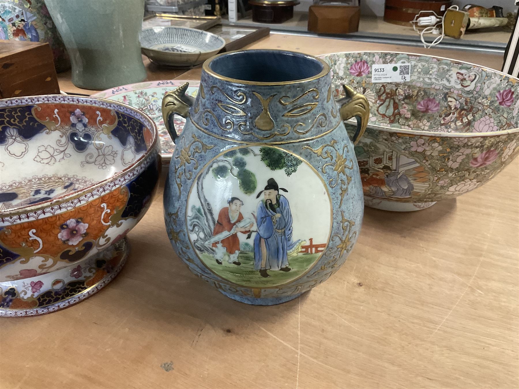 Modern Cantonese punch bowl, similar charger, two-handled Chinese vase, English imari pattern pedestal bowl (4) 