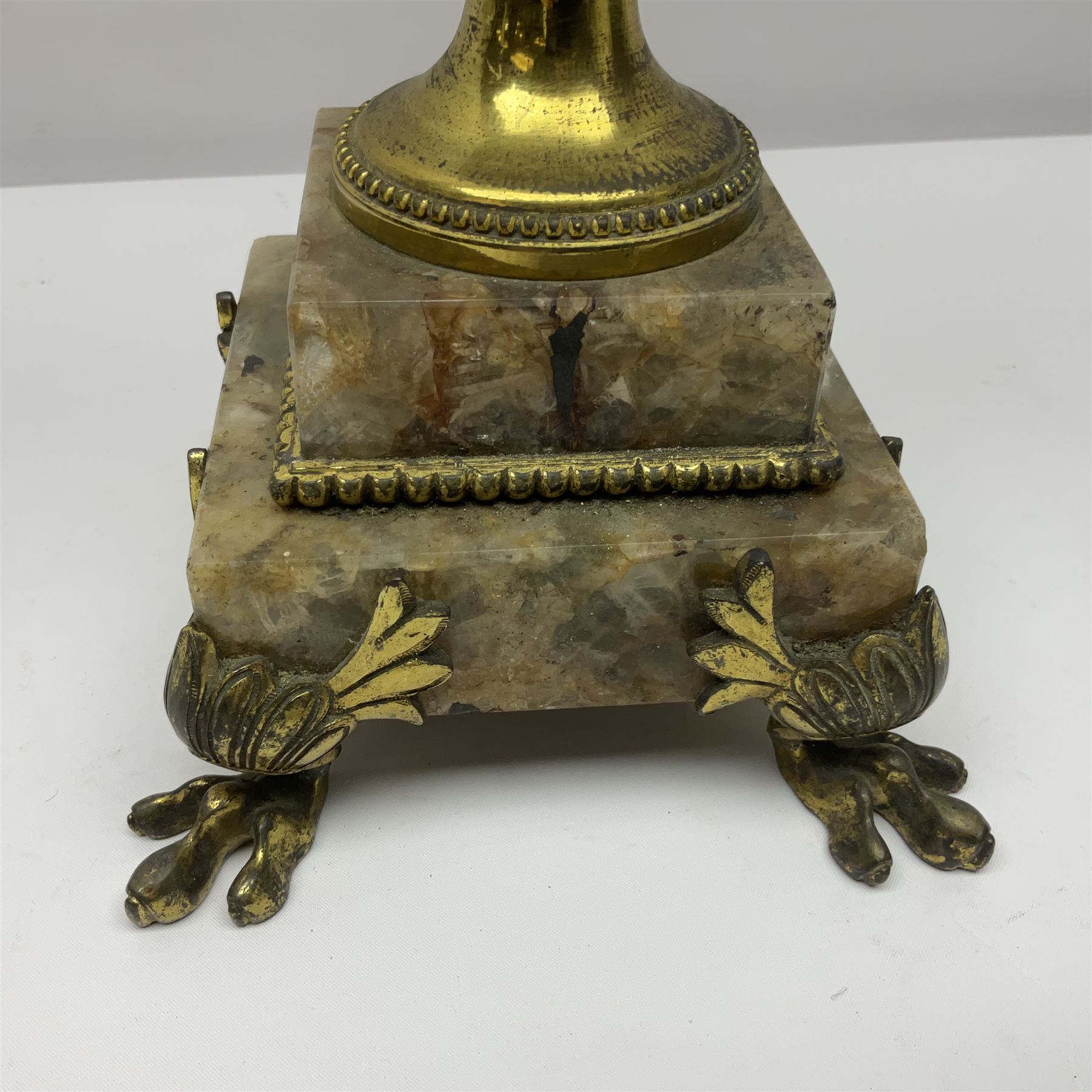 20th century five branch candelabra, with gilded floral garland and female mask decoration, to a marble effect resin urn and stepped base, upon four paw feet, H61cm