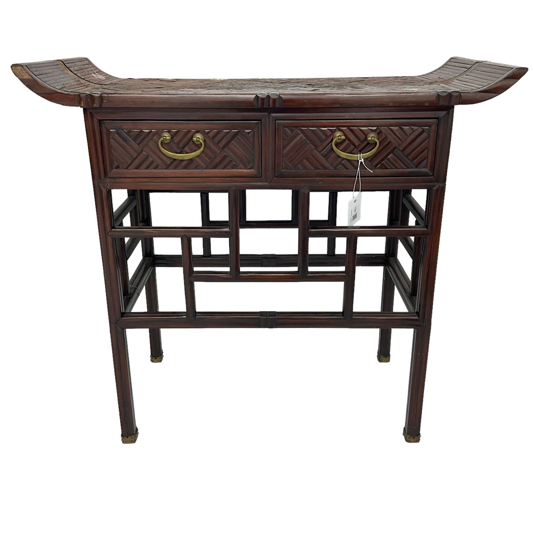 Chinese design bamboo and wood altar side table, parquetry lattice-work bamboo, fitted with two drawers over geometric rails