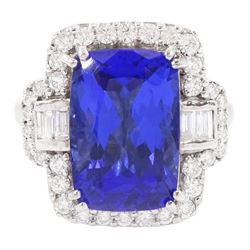 18ct white gold tanzanite, baguette and round brilliant cut diamond cluster ring, stamped 750, tanzanite approx 6.15 carat, total diamond weight approx 0.65 carat