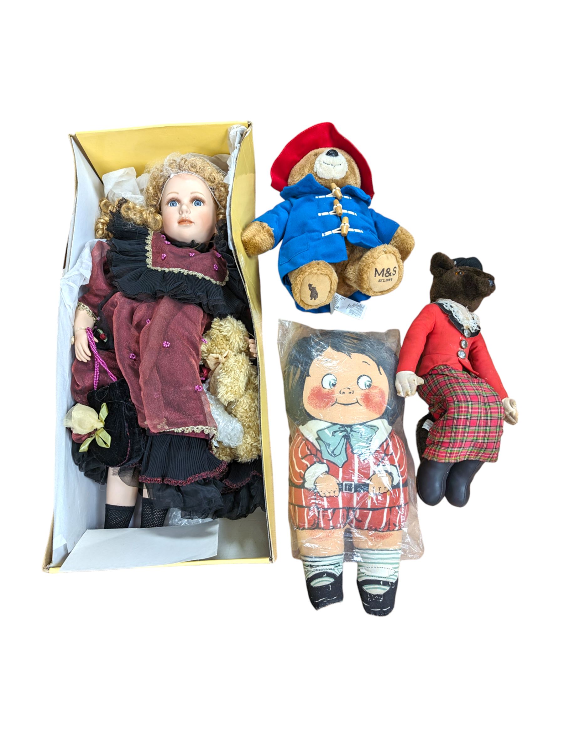 Deans Ragbook Dolly Dingle, limited edition Knightsbridge Heirloom series porcelain doll, and other soft toys