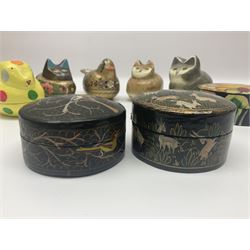 Eight lacquered boxes, including novelty painted boxes in the form of cats, rabbit and a bird, rabbit H7cm, L9cm