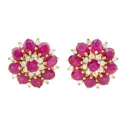 18ct gold oval and round cut ruby and round brilliant cut diamond cluster stud earrings